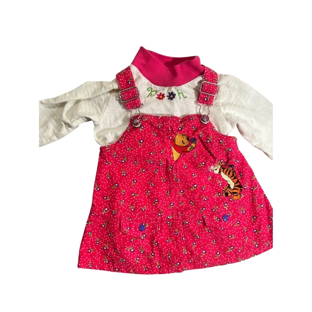 Vintage Disney Winnie the Pooh Pink Corduroy Overall Dress Bodysuit Set 90s